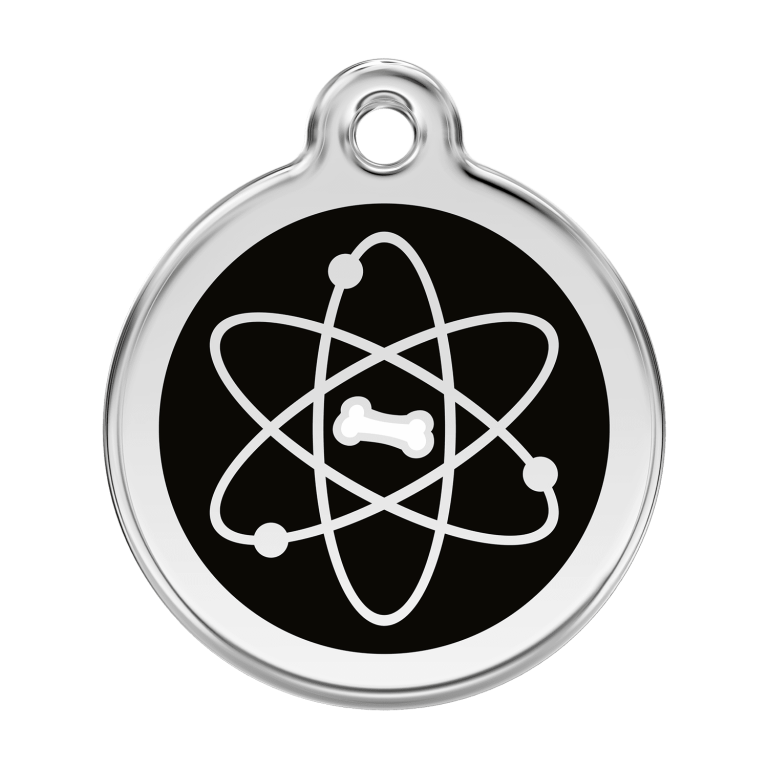 Vue avant - Médaille personnalisable pour chien - Red Dingo Émail et acier inoxydable - Motif Atome - Noir - Size L