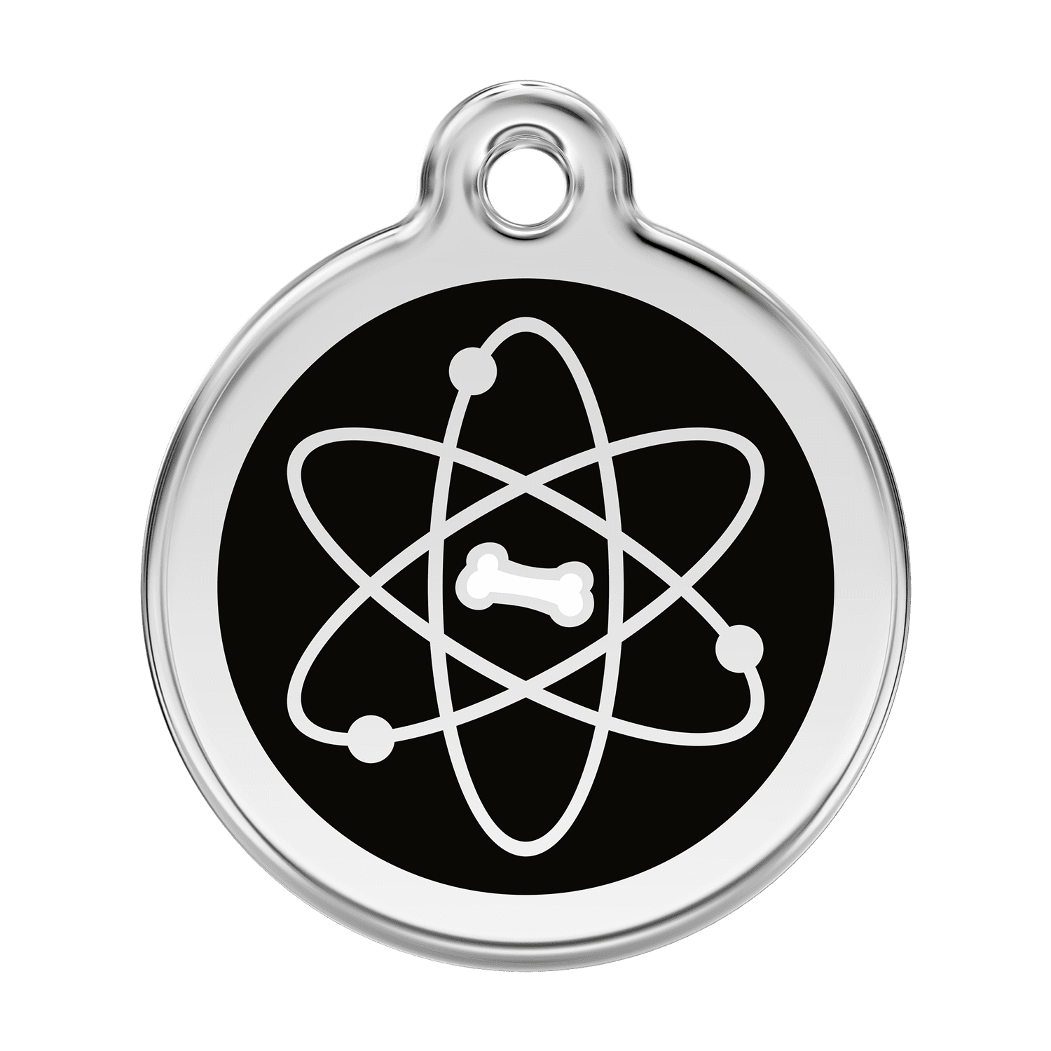 Vue avant - Médaille personnalisable pour chien - Red Dingo Émail et acier inoxydable - Motif Atome - Noir - Size L