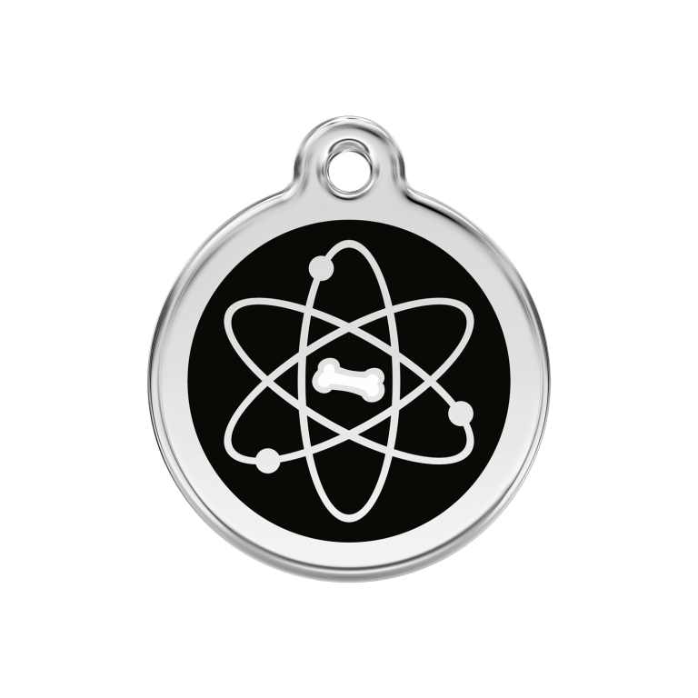 Vue avant - Médaille personnalisée pour chien ou chat Red Dingo Émail et acier inoxydable - Motif Atome - Noir - Size M