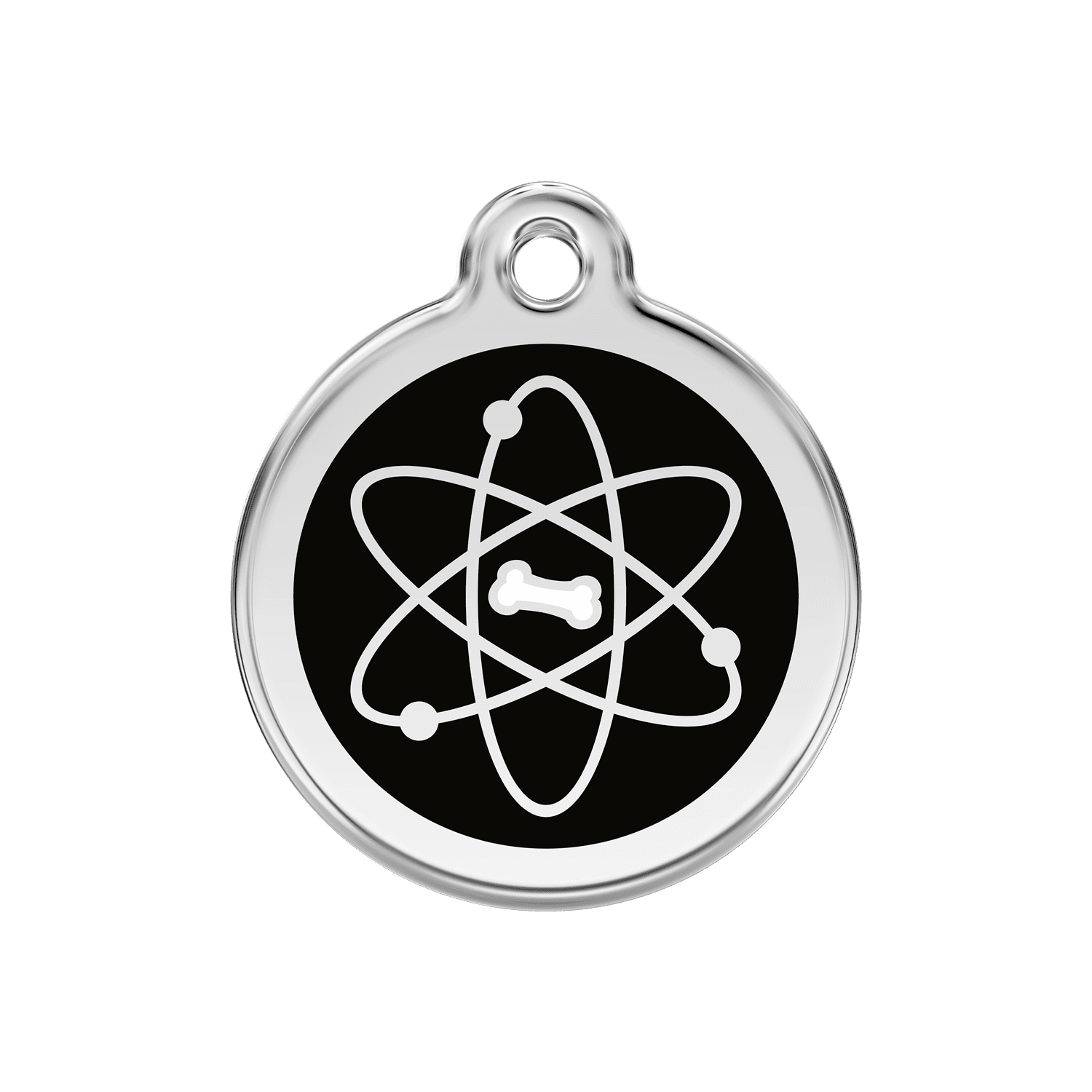 Vue avant - Médaille personnalisée pour chien ou chat Red Dingo Émail et acier inoxydable - Motif Atome - Noir - Size M