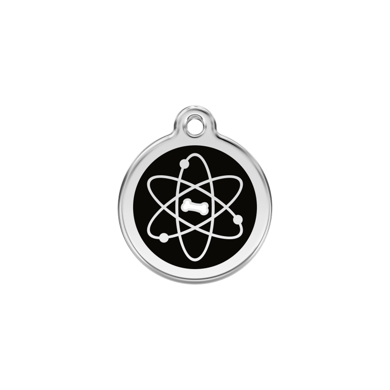 Vue avant - Médaille personnalisable en émail et acier inoxydable pour chat - Red Dingo - Atome Noir - Size S