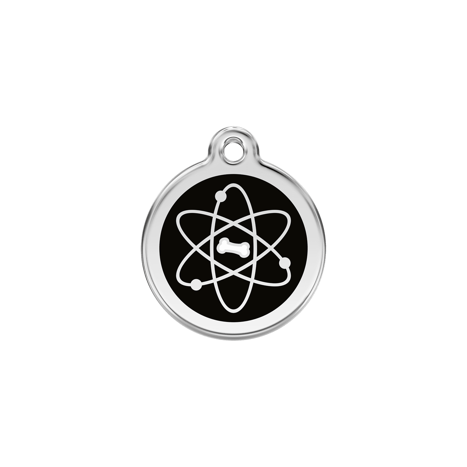 Vue avant - Médaille personnalisable en émail et acier inoxydable pour chat - Red Dingo - Atome Noir - Size S