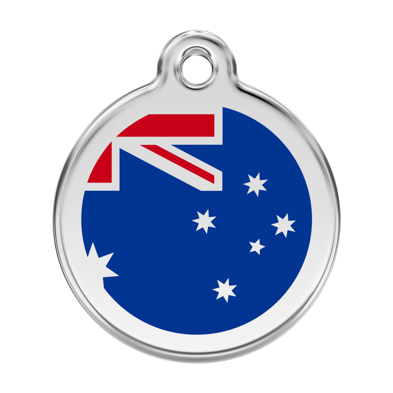 Vue avant - Médaille personnalisée pour chien Red Dingo Émail et acier inoxydable Drapeau australien Bleu foncé - Size L