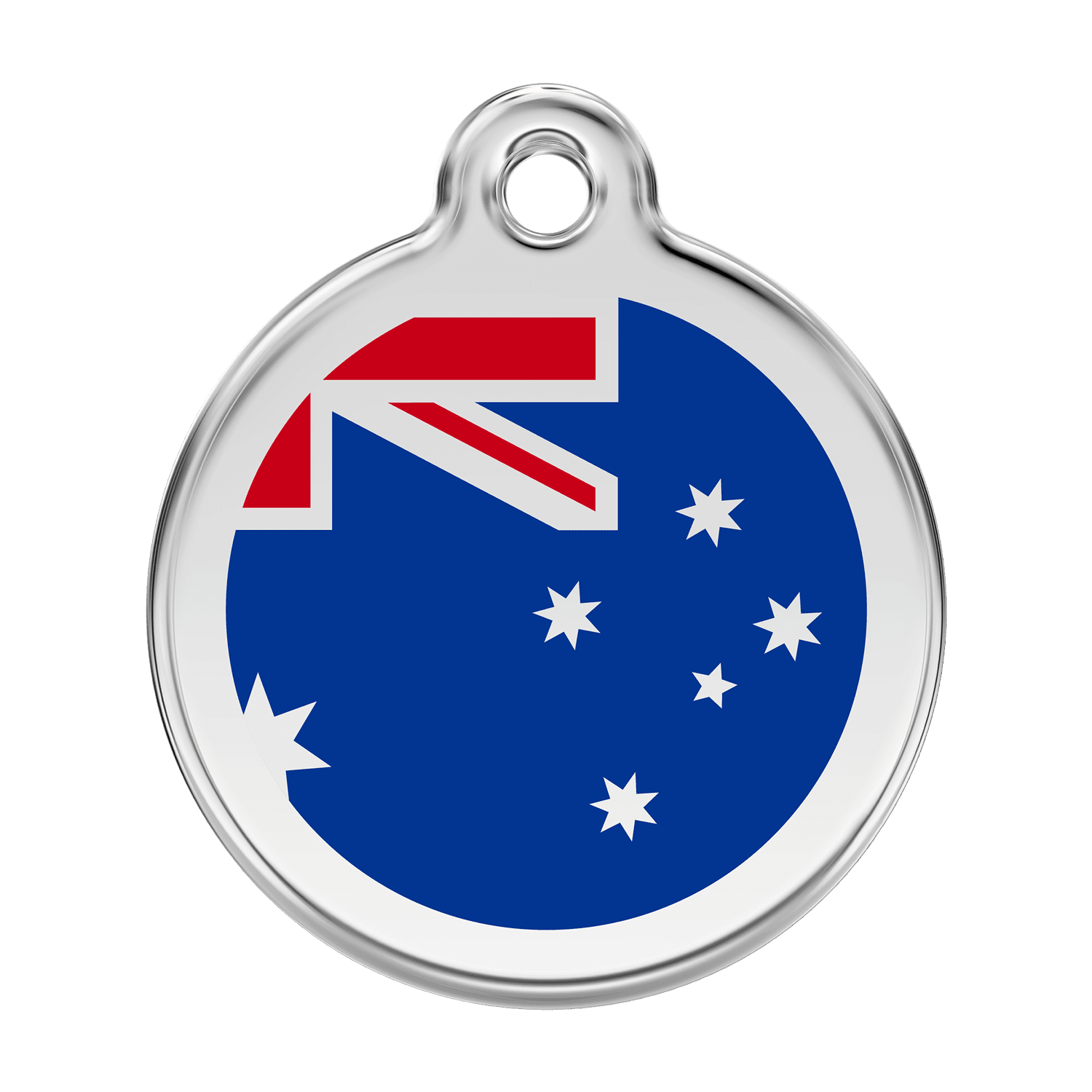 Vue avant - Médaille personnalisée pour chien Red Dingo Émail et acier inoxydable Drapeau australien Bleu foncé - Size L