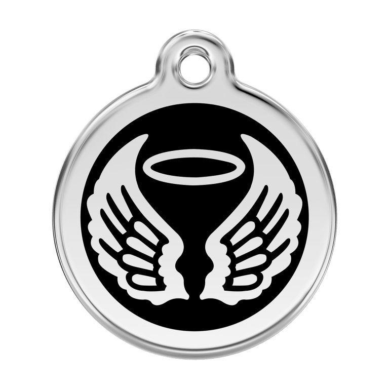 Vue avant - Médaille personnalisable pour chien Red Dingo Émail et acier inoxydable - Ailes d'anges - Noir - Size L