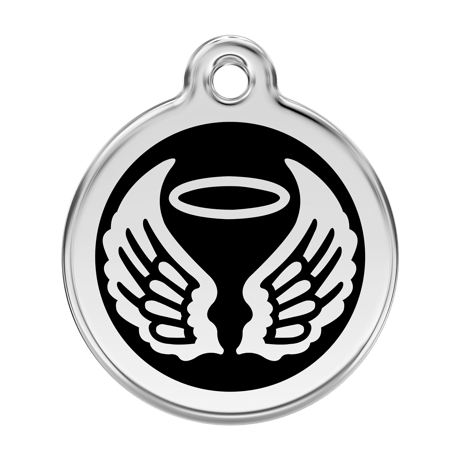 Vue avant - Médaille personnalisable pour chien Red Dingo Émail et acier inoxydable - Ailes d'anges - Noir - Size L