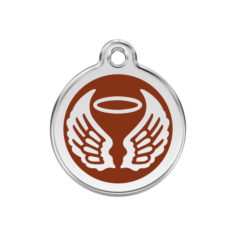 Vue avant - Médaille personnalisée pour chien Red Dingo Émail et acier inoxydable - Ailes d'anges - Brun - Size M