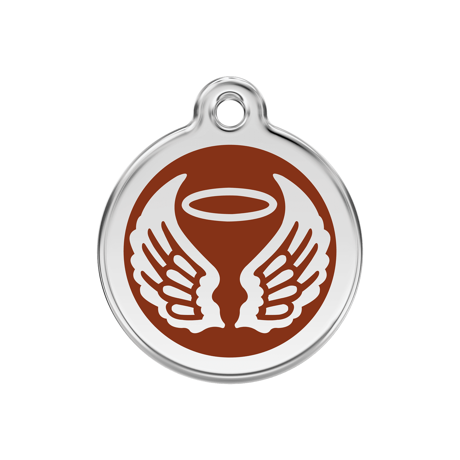 Vue avant - Médaille personnalisée pour chien Red Dingo Émail et acier inoxydable - Ailes d'anges - Brun - Size M