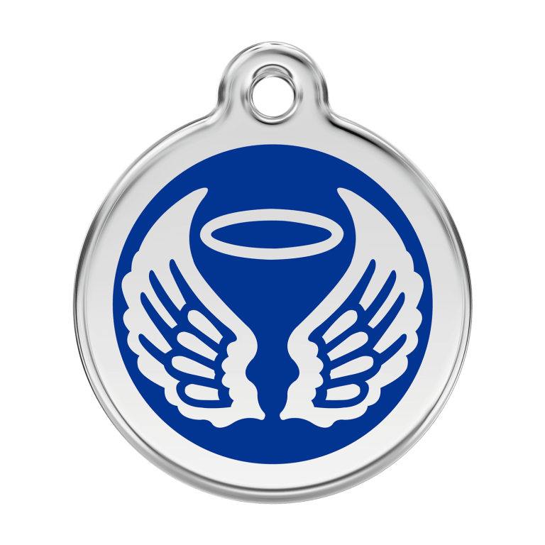 Vue avant - Médaille personnalisable pour chien Red Dingo Émail et acier inoxydable - Ailes d'anges - Bleu foncé - Size L
