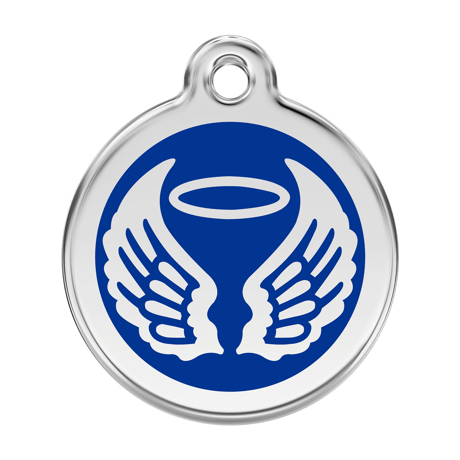 Vue avant - Médaille personnalisable pour chien Red Dingo Émail et acier inoxydable - Ailes d'anges - Bleu foncé - Size L