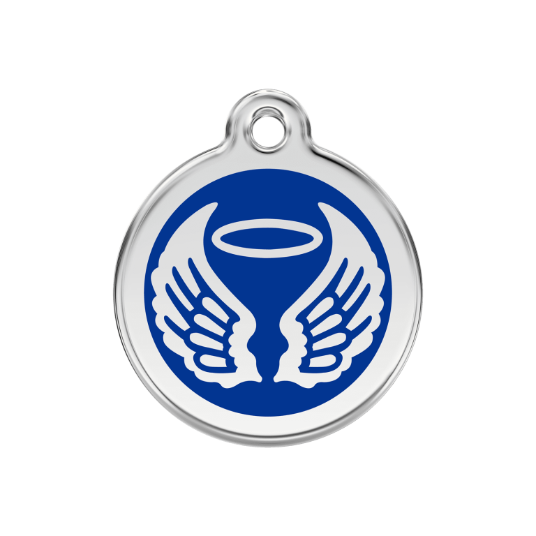 Vue avant - Médaille personnalisée pour chien ou chat Red Dingo Émail et acier inoxydable - Ailes d'anges - Bleu foncé - Size M