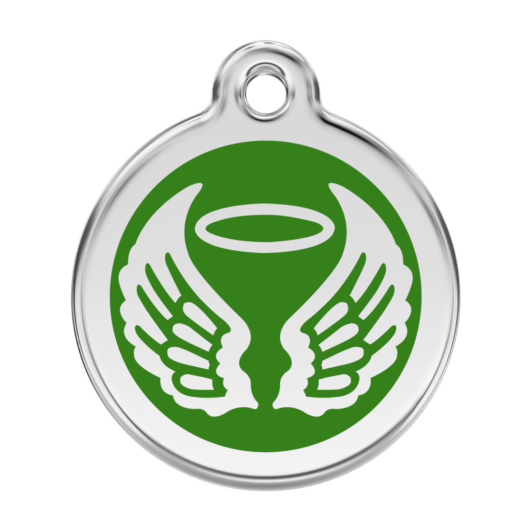 Vue avant - Médaille personnalisée pour chien Red Dingo Émail et acier inoxydable - Ailes d'anges - Vert - Size L
