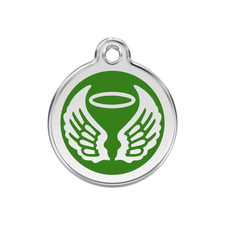 Vue avant - Médaille personnalisée pour chien ou chat - Red Dingo Émail et acier inoxydable - Ailes d'anges - Vert - Size M