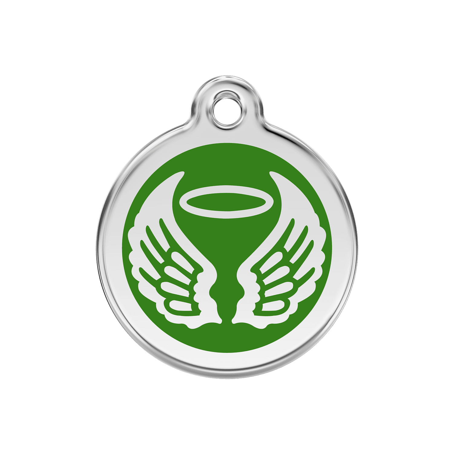 Vue avant - Médaille personnalisée pour chien ou chat - Red Dingo Émail et acier inoxydable - Ailes d'anges - Vert - Size M
