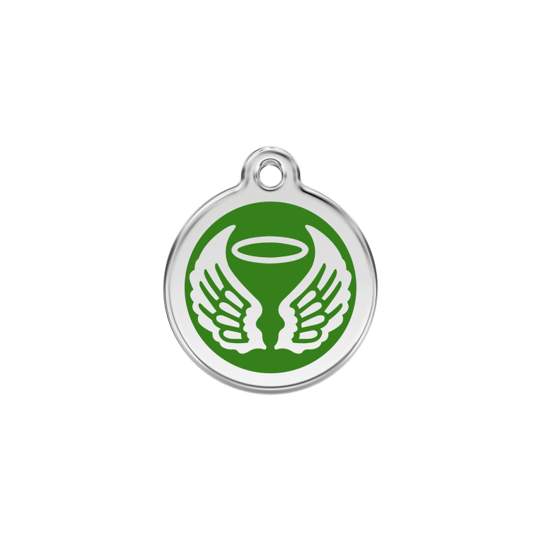 Vue avant - Médaille personnalisable pour chien/chat Red Dingo Émail/Acier inoxydable - Ailes d'anges Vert - Size S