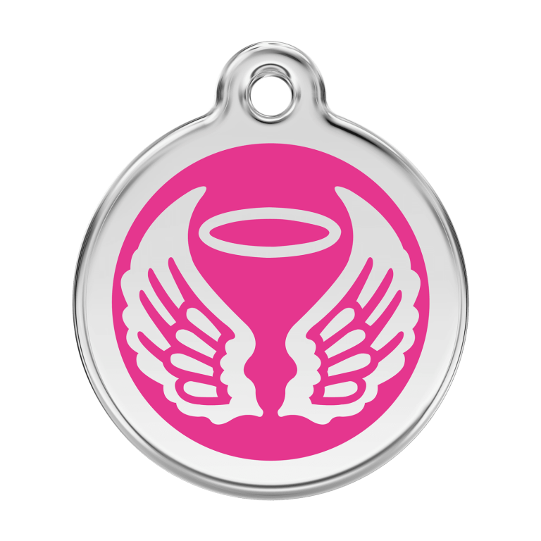 Vue avant - Médaille personnalisée Red Dingo Émail et acier inoxydable - Ailes d'anges - Rose vif - Size L