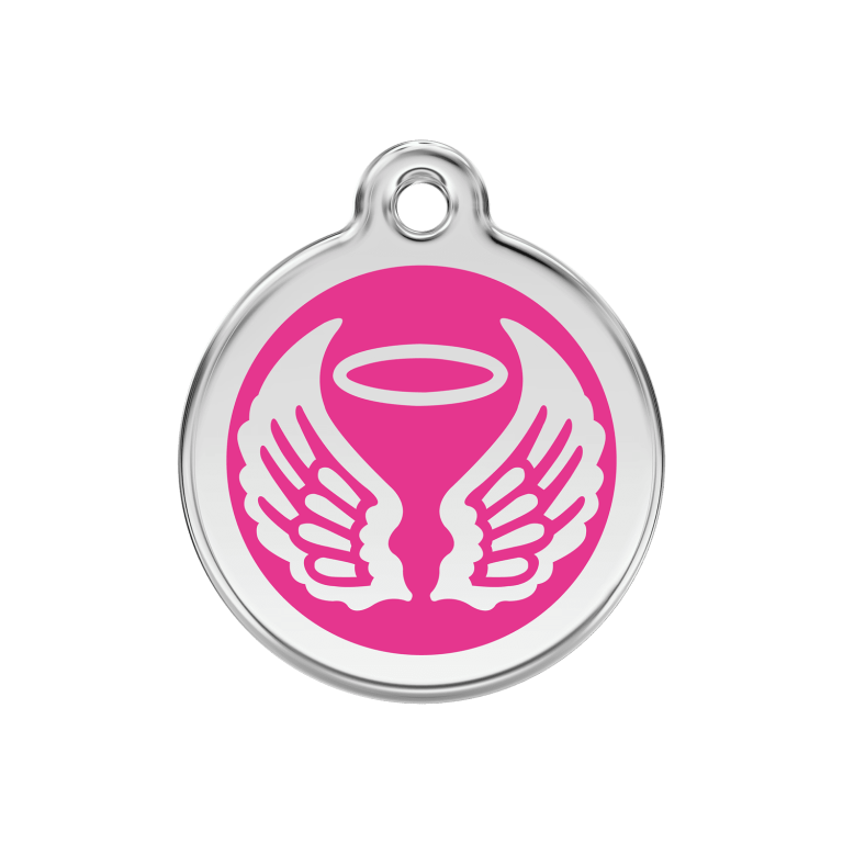 Vue avant - Médaille personnalisable pour chien Red Dingo Émail et acier inoxydable - Ailes d'anges - Rose vif - Size M