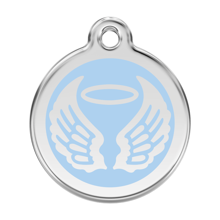 Vue avant - Médaille personnalisée pour chien Red Dingo Émail et acier inoxydable - Ailes d'anges - Bleu clair - Size L