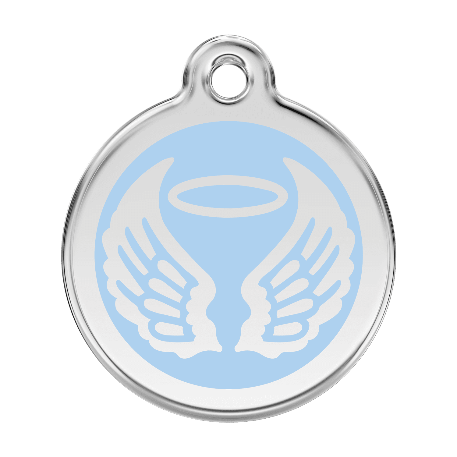 Vue avant - Médaille personnalisée pour chien Red Dingo Émail et acier inoxydable - Ailes d'anges - Bleu clair - Size L