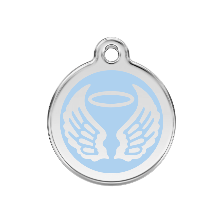 Vue avant - Médaille personnalisée pour chien Red Dingo Émail et acier inoxydable - Ailes d'anges - Bleu clair - Size M