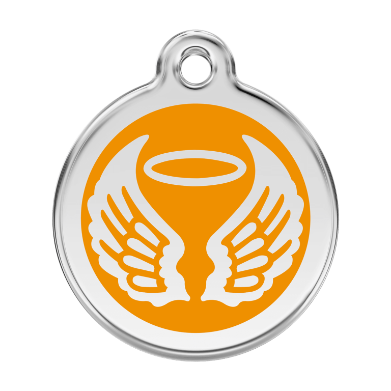 Vue avant - Médaille personnalisable pour chien Red Dingo Émail et acier inoxydable - Ailes d'anges - Orange - Size L