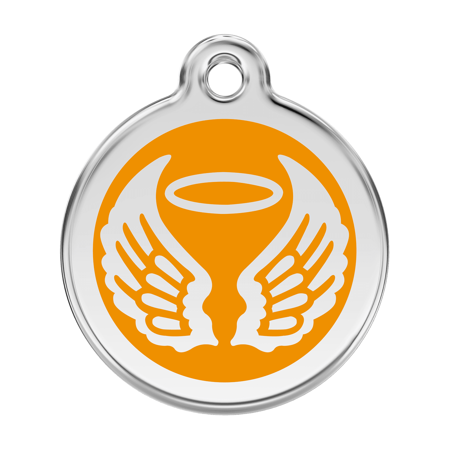 Vue avant - Médaille personnalisable pour chien Red Dingo Émail et acier inoxydable - Ailes d'anges - Orange - Size L