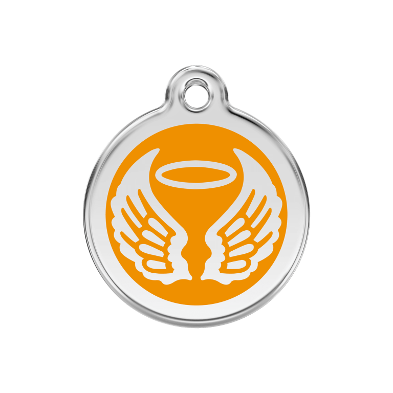 Vue avant - Médaille personnalisée pour chien Red Dingo Émail et acier inoxydable - Ailes d'anges - Orange - Size M