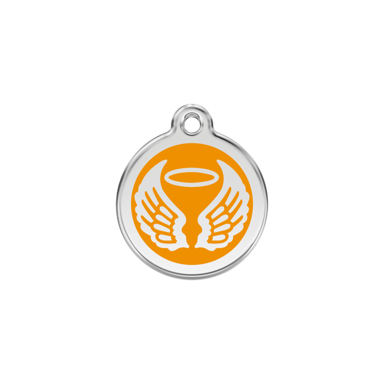 Vue avant - Médaille personnalisée pour chat en émail et acier inoxydable Red Dingo - Ailes d'anges - Orange - Size S
