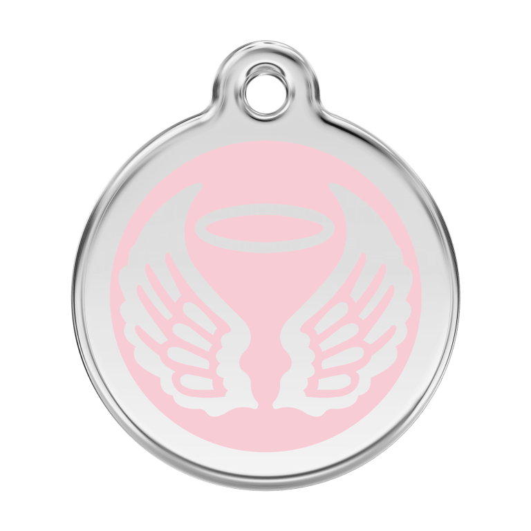 Vue avant - Médaille personnalisée pour chien - Red Dingo Émail et acier inoxydable - Ailes d'anges - Rose - Size L