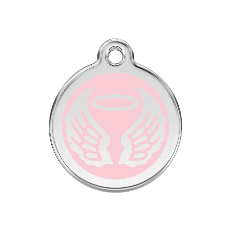 Vue avant - Médaille personnalisée pour chien Red Dingo Émail et acier inoxydable - Ailes d'anges - Rose - Size M