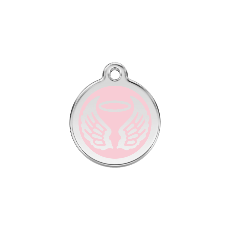 Vue avant - Médaille personnalisable pour chien/chat Red Dingo Émail et acier inoxydable - Ailes d'anges - Rose - Size S