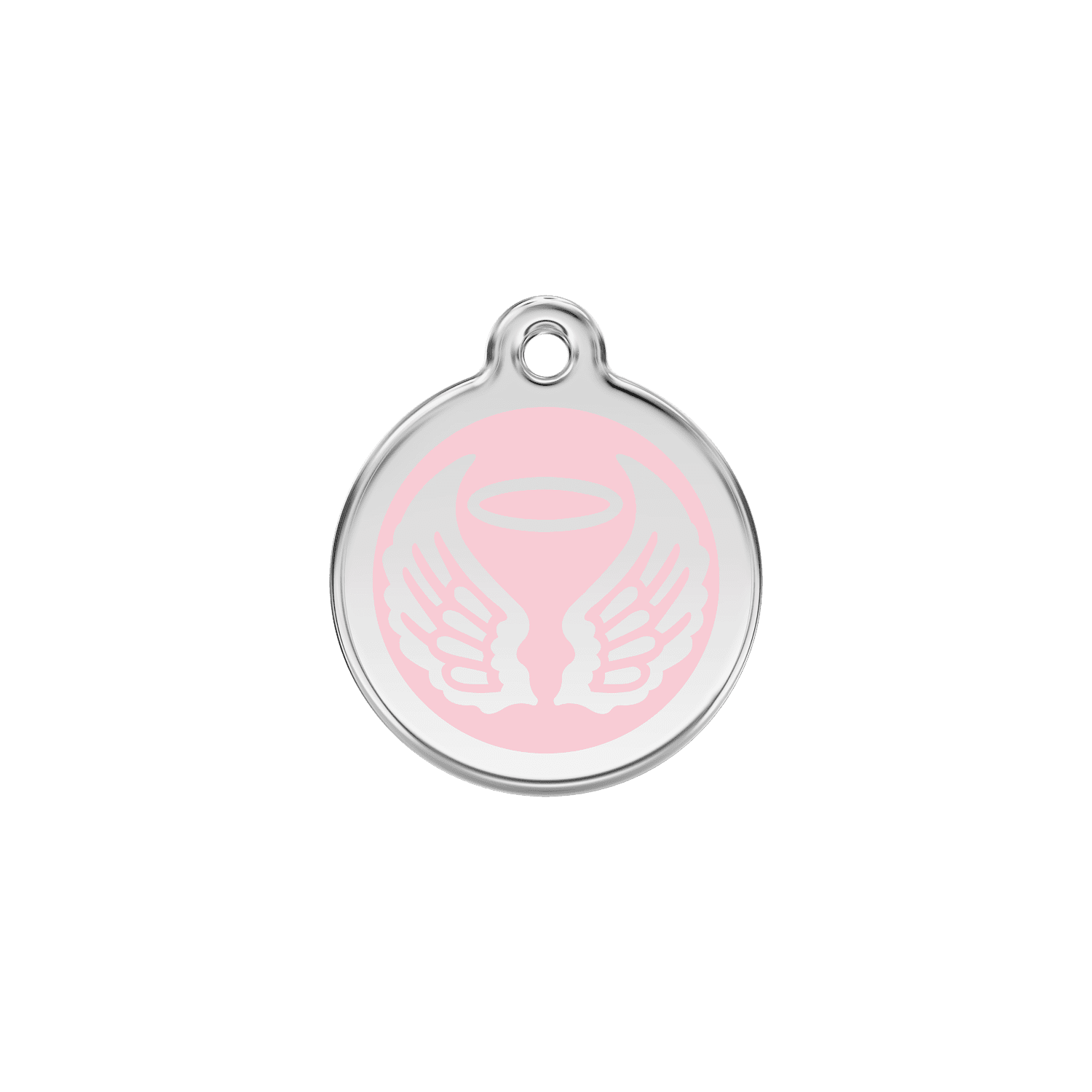 Vue avant - Médaille personnalisable pour chien/chat Red Dingo Émail et acier inoxydable - Ailes d'anges - Rose - Size S