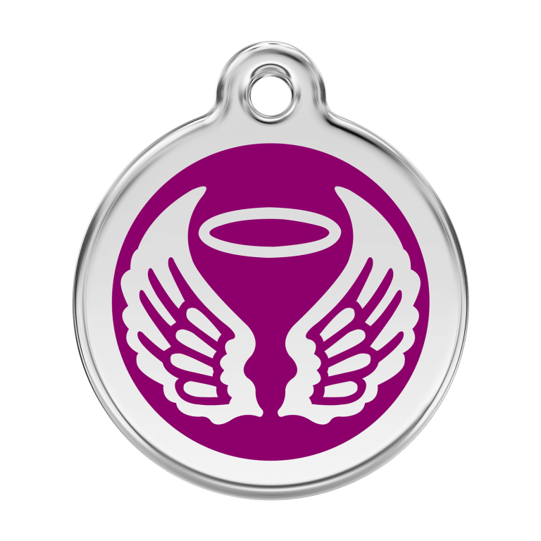 Vue avant - Médaille personnalisée pour chien ou chat - Red Dingo Émail et acier inoxydable - Ailes d'anges violet - Size L