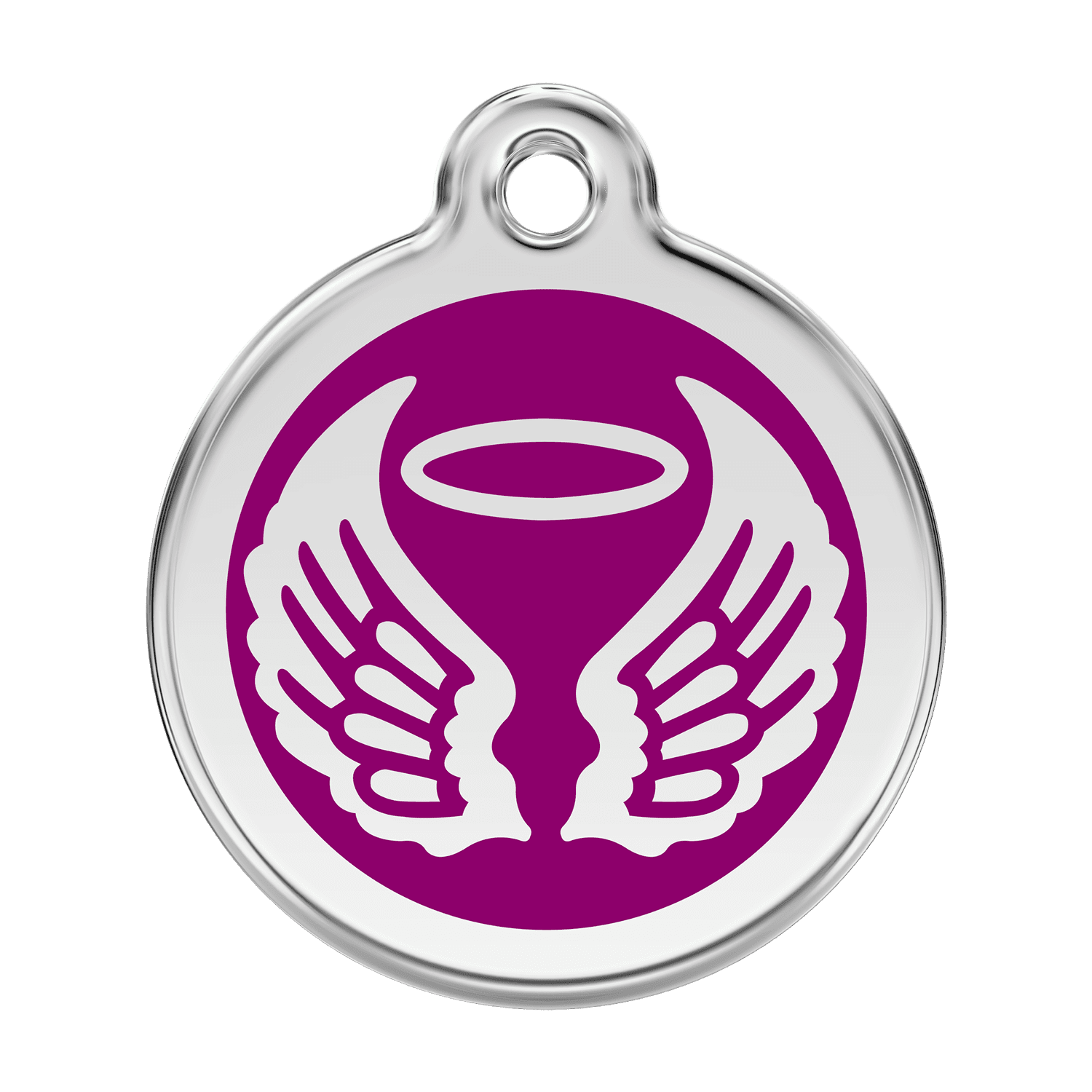 Vue avant - Médaille personnalisée pour chien ou chat - Red Dingo Émail et acier inoxydable - Ailes d'anges violet - Size L
