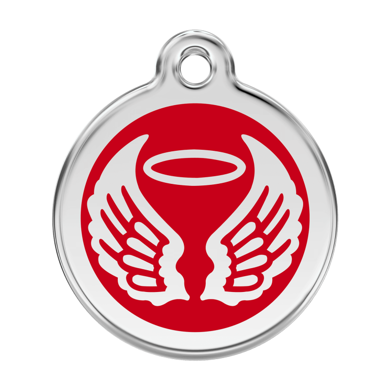 Vue avant - Médaille personnalisée pour chien Red Dingo Émail et acier inoxydable - Ailes d'anges - Rouge - Size L
