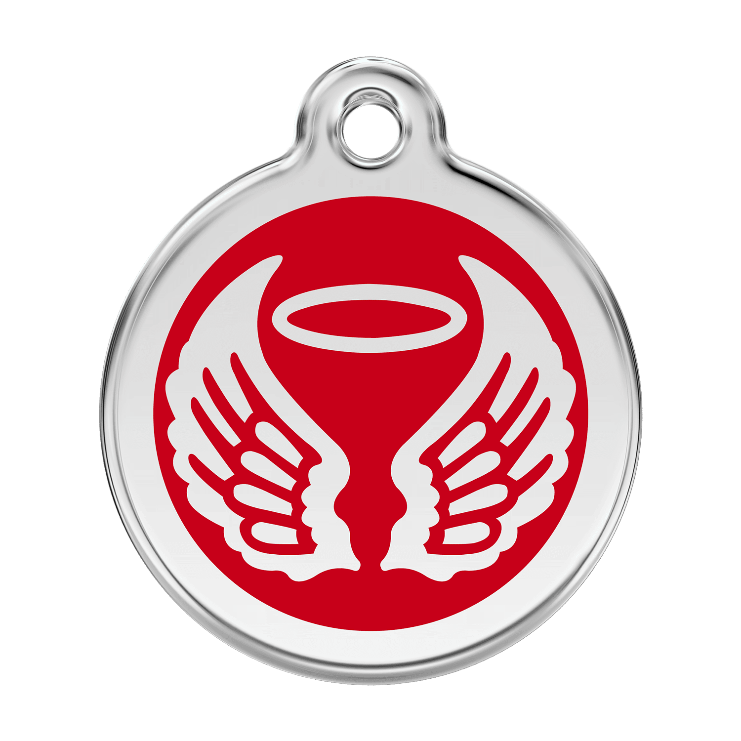Vue avant - Médaille personnalisée pour chien Red Dingo Émail et acier inoxydable - Ailes d'anges - Rouge - Size L
