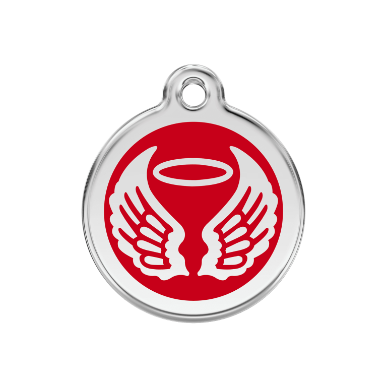 Vue avant - Médaille personnalisée pour chien Red Dingo Émail et acier inoxydable - Ailes d'anges - Rouge - Size M