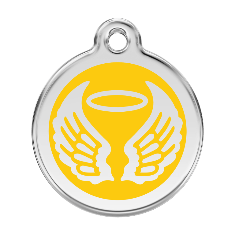 Vue avant - Médaille personnalisable pour chien Red Dingo Émail et acier inoxydable - Ailes d'anges jaunes - Size L
