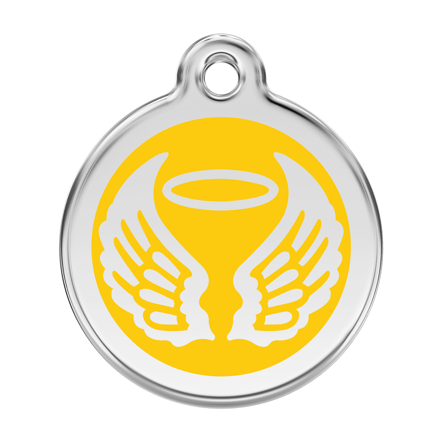 Vue avant - Médaille personnalisable pour chien Red Dingo Émail et acier inoxydable - Ailes d'anges jaunes - Size L