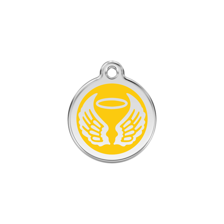 Vue avant - Médaille personnalisée pour chien/chat Red Dingo Émail/Acier inoxydable - Ailes d'anges Jaune - Size S