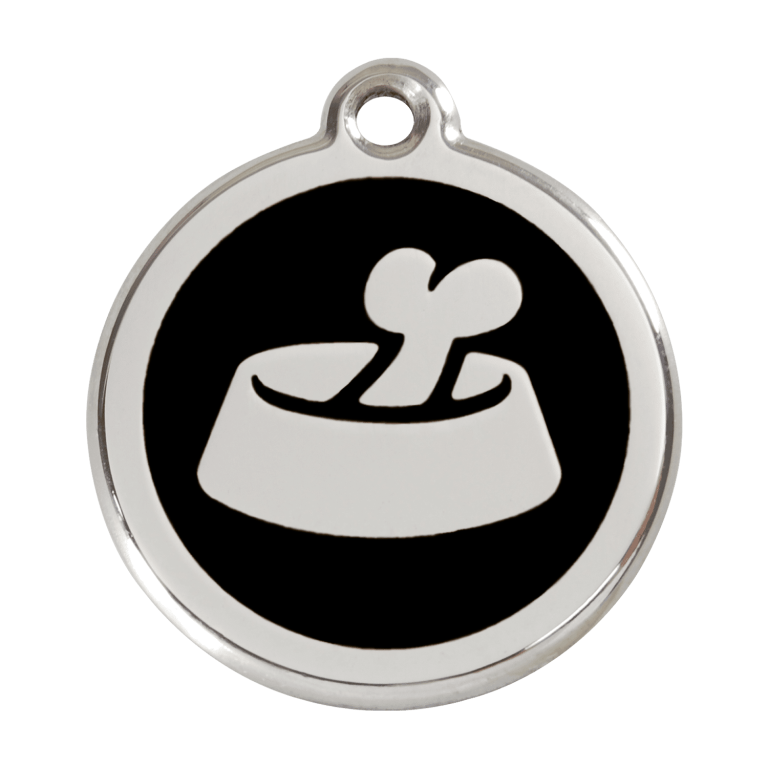 Vue avant - Médaille personnalisée pour chien en émail et acier inoxydable - Red Dingo - Motif os dans un bol - Noir - Size L