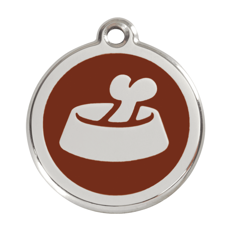 Vue avant - Médaille personnalisée pour chien Red Dingo Émail et acier inoxydable - Os dans un bol - Brun - Size L