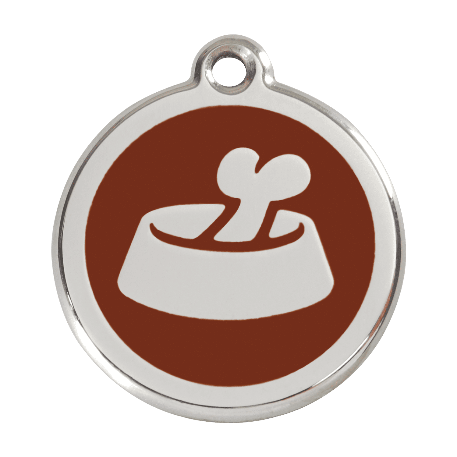Vue avant - Médaille personnalisée pour chien Red Dingo Émail et acier inoxydable - Os dans un bol - Brun - Size L