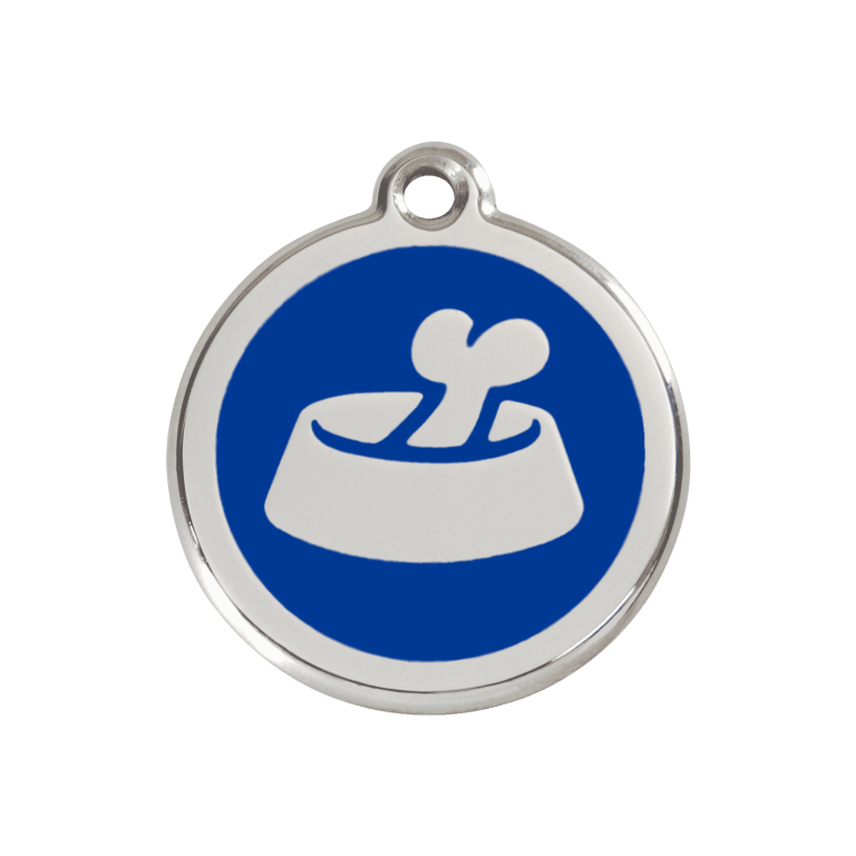 Vue avant - Médaille personnalisée en émail et acier inoxydable pour chien ou chat - Os dans un bol - Bleu foncé - Size M