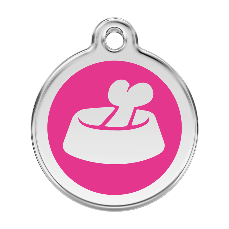 Vue avant - Médaille personnalisée pour chien Red Dingo Émail et acier inoxydable - Motif os dans un bol - Rose vif - Size L