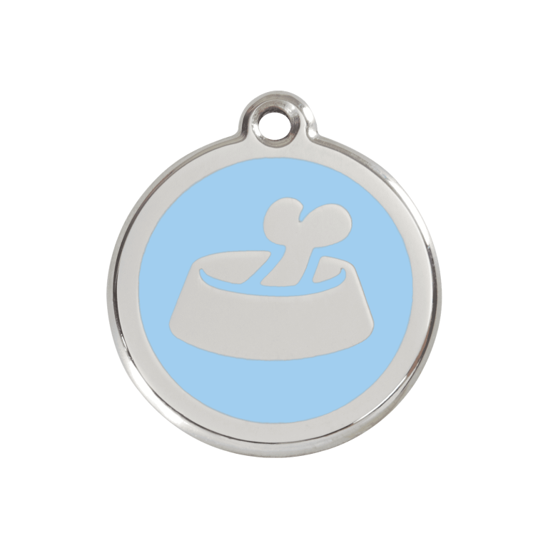 Vue avant - Médaille personnalisée pour chien/chat Red Dingo Émail/Acier inoxydable Os dans un bol Bleu clair 30mm - Référence : 01-BB-LB-ME