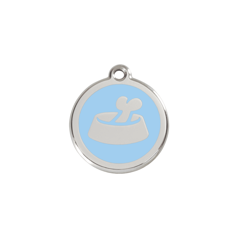 Vue avant - Médaille personnalisable pour chien/chat Red Dingo Émail/Acier inoxydable Os dans un bol Bleu clair - Size S