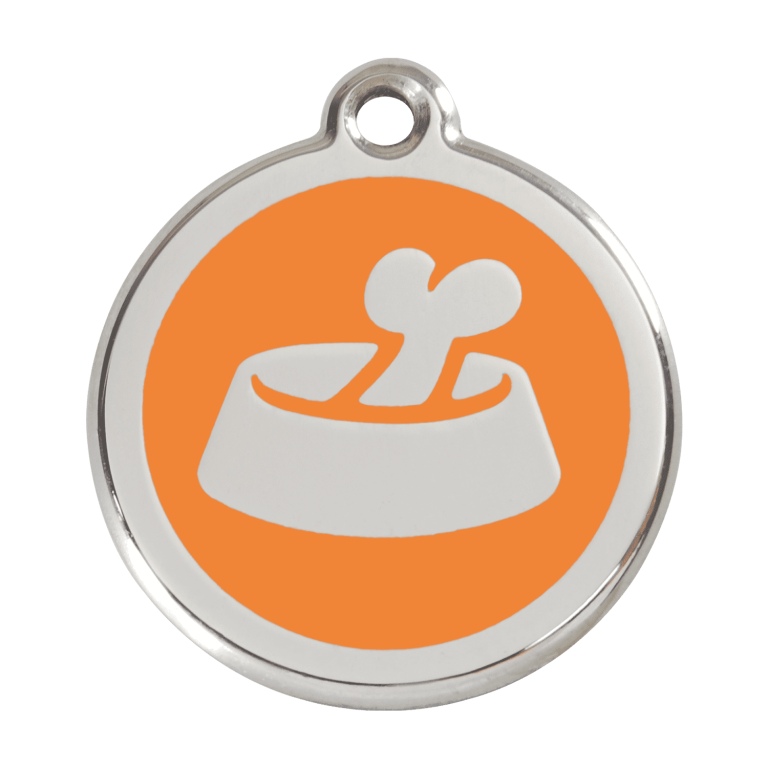 Vue avant - Médaille personnalisée pour chien Red Dingo Émail et acier inoxydable - Motif Os dans un bol - Orange - Size L