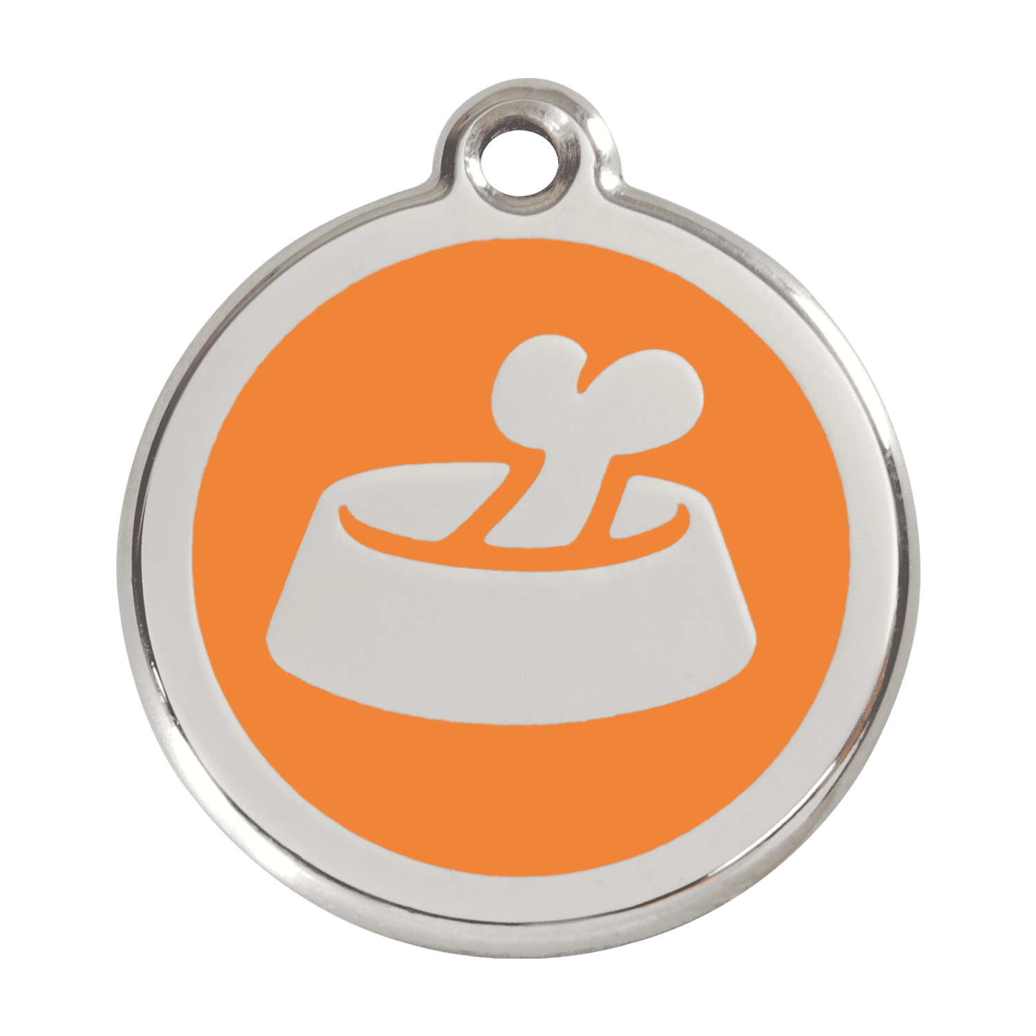 Vue avant - Médaille personnalisée pour chien Red Dingo Émail et acier inoxydable - Motif Os dans un bol - Orange - Size L