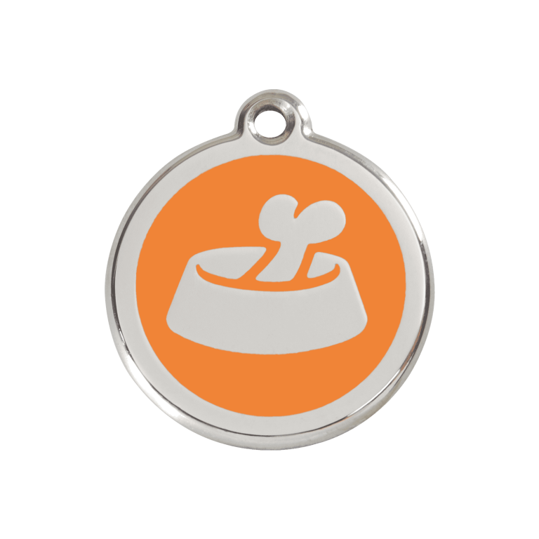 Vue avant - Médaille personnalisée pour chien Red Dingo Émail et acier inoxydable Os dans un bol Orange - Size M